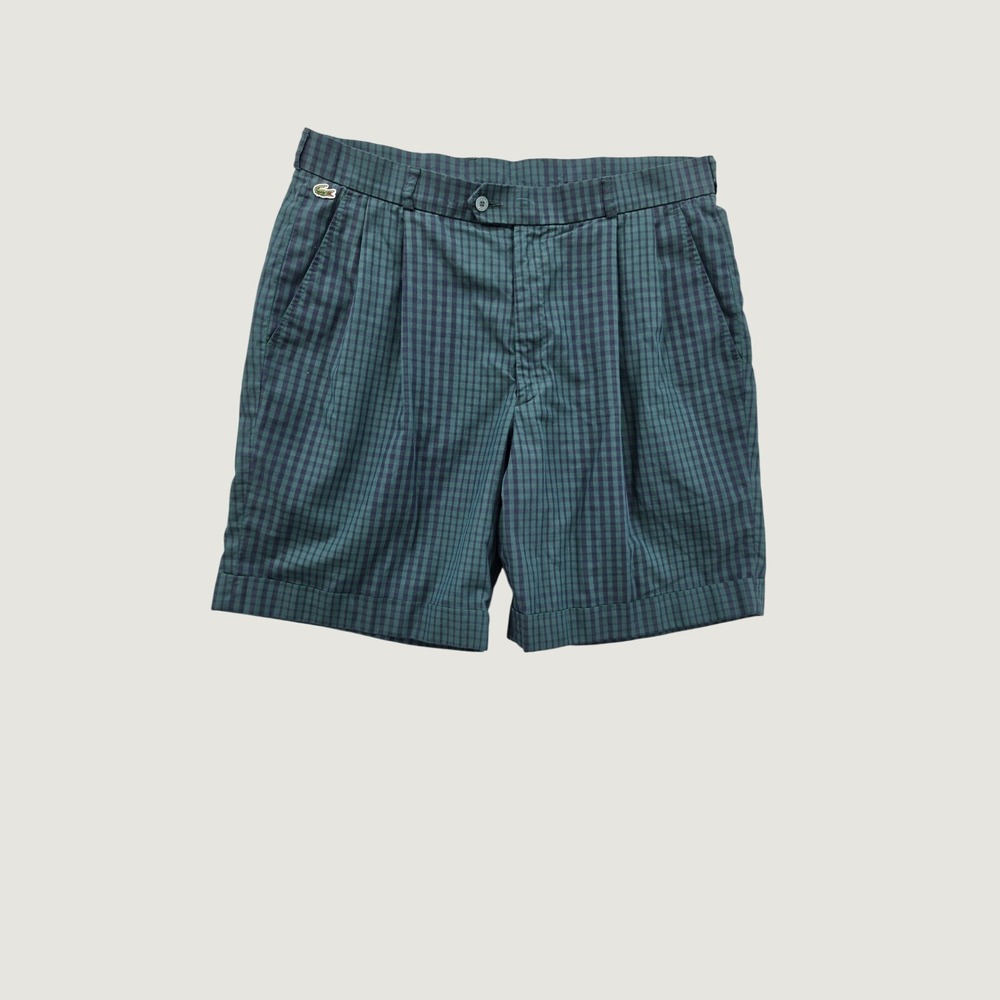 Vintage Chemise Lacoste Mens Gingham Pleated Shorts Green Navy Blue French 34